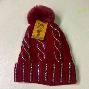 C&K Faux Fur Lined Bedazzled Pom Hat